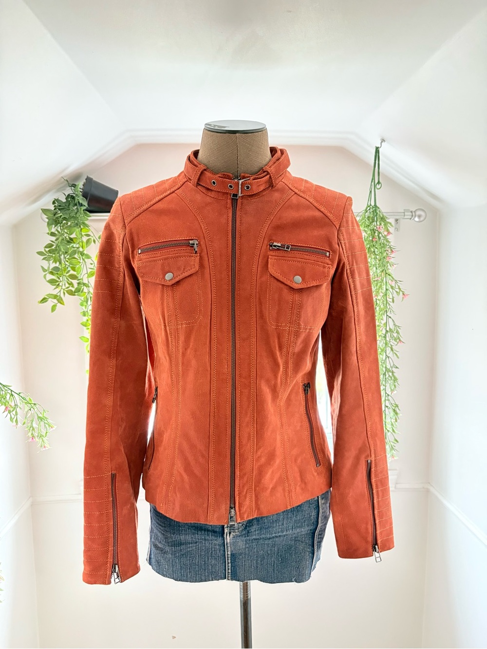 Women's Rust Orange Leather Zip Motorcycle Jacket